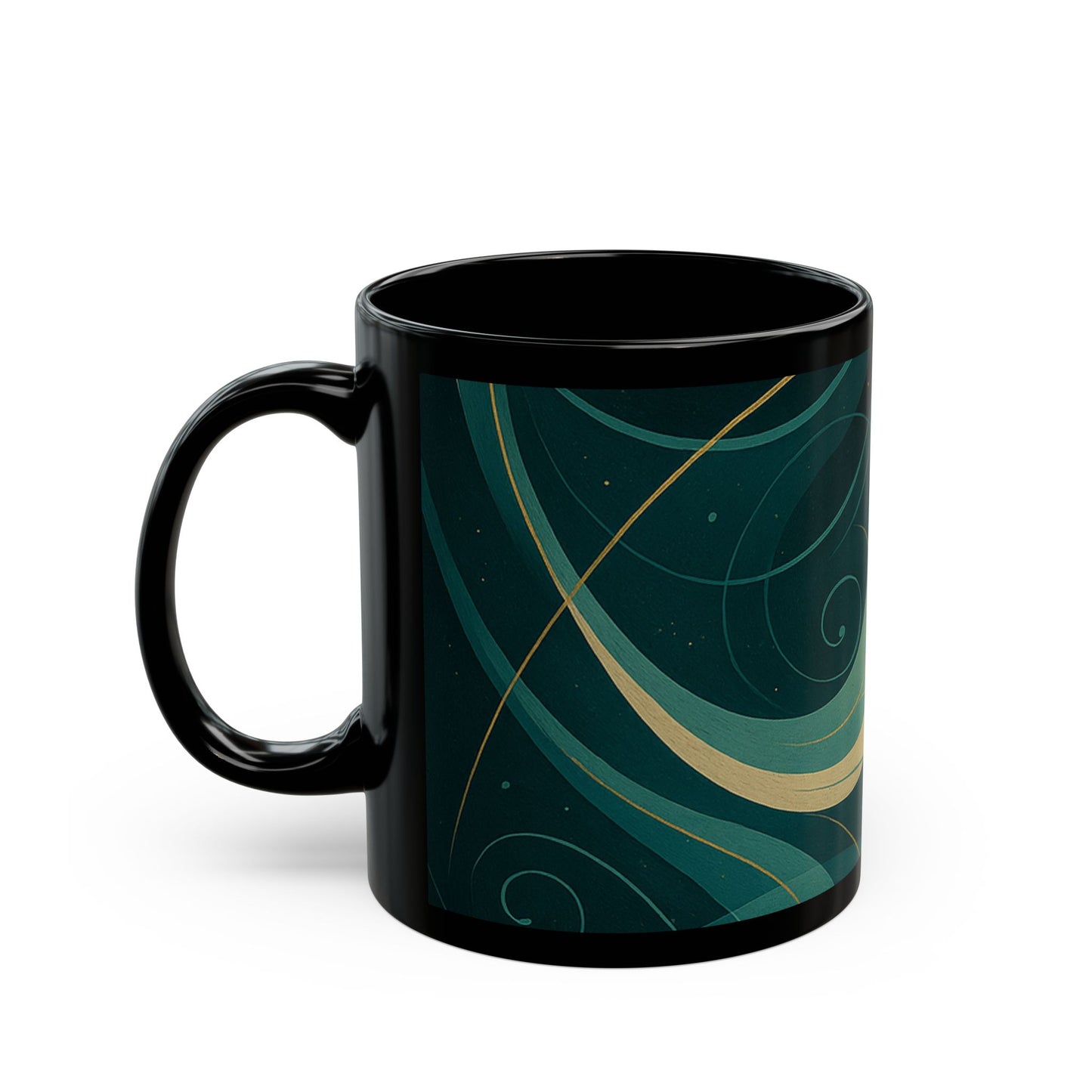 Emerald Wave-Soulful Collection- Black Coffee Mug — 11oz/15oz Abstract Teal Swirl Ceramic