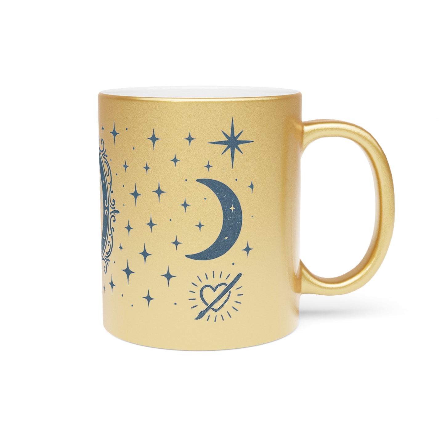 Moon Phase Metallic Mug — Silver/Gold Celestial Coffee Cup with Stars & Crescent