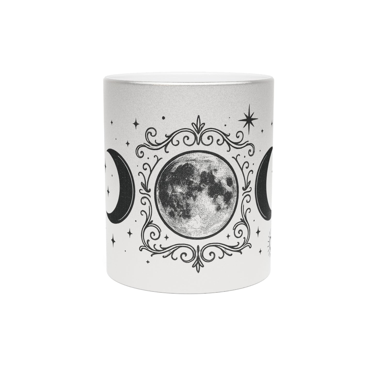 Moon Phase Metallic Mug — Crescent & Full Moon Silver Coffee Cup