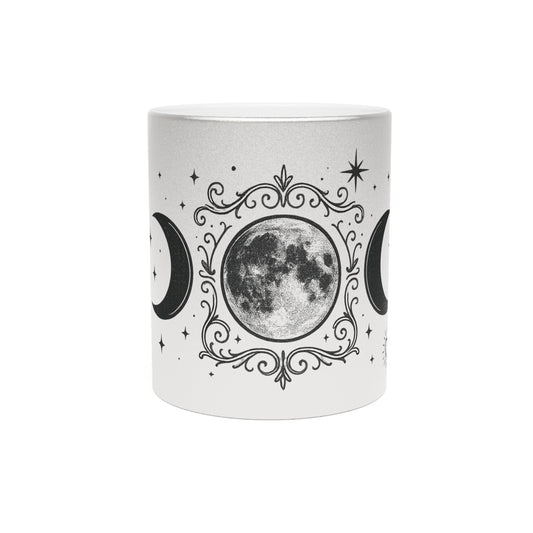 Moon Phase Metallic Mug — Crescent & Full Moon Silver Coffee Cup