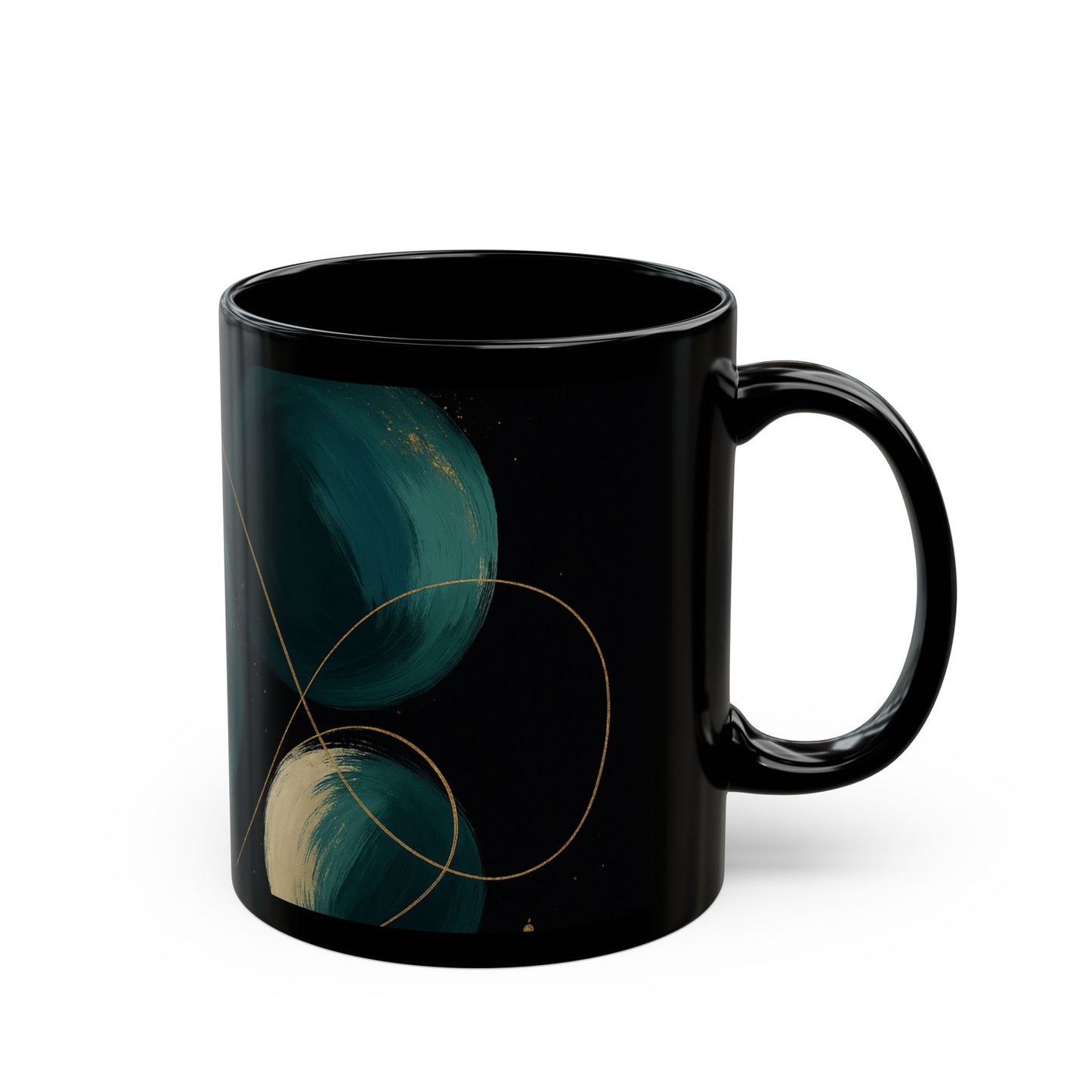 Abstract 2 -Soulful Collection-Teal Orbs Black Ceramic Mug — Modern Minimal Coffee Cup