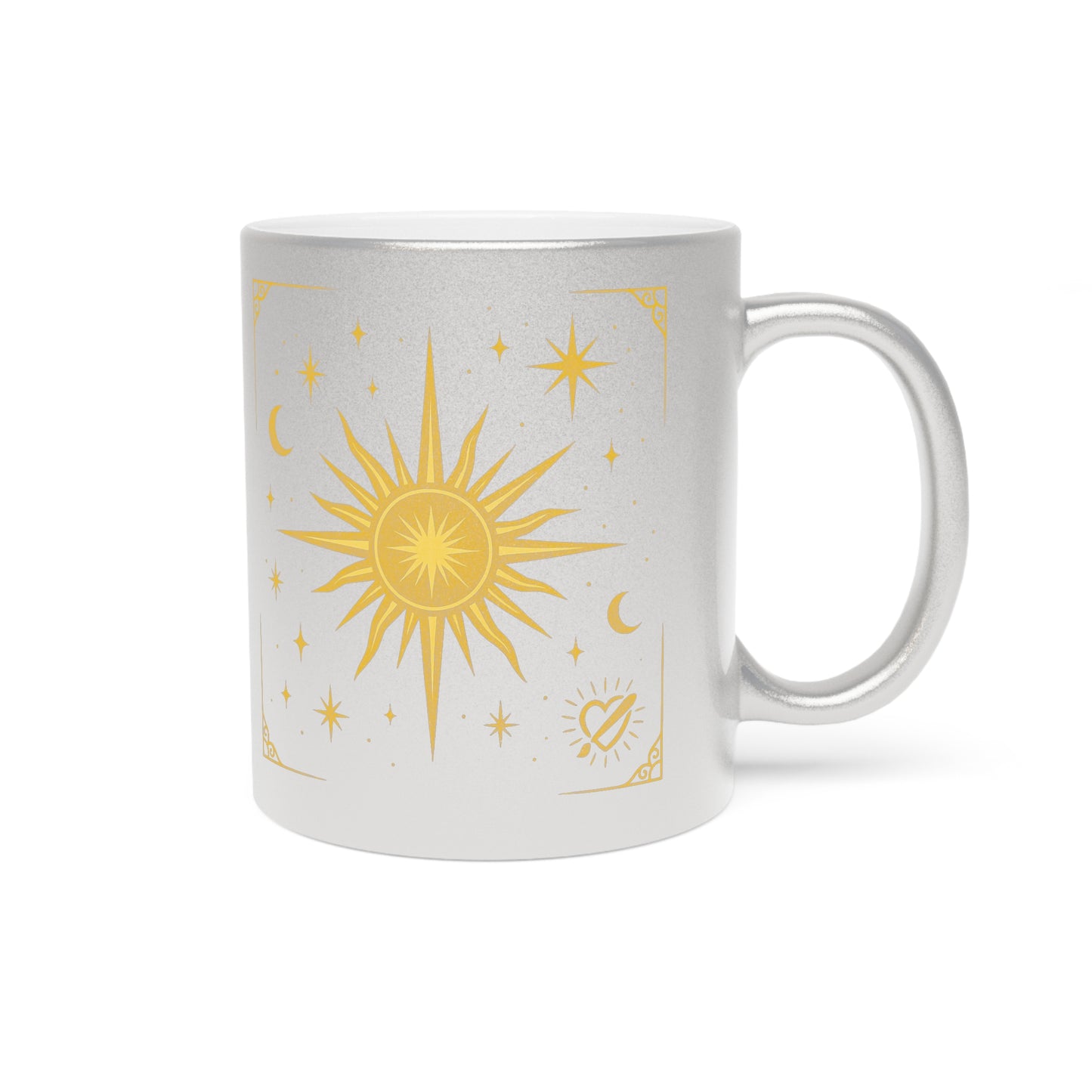 Gold Celestial Sun Metallic Mug — Silver/Gold Cosmic Coffee Cup