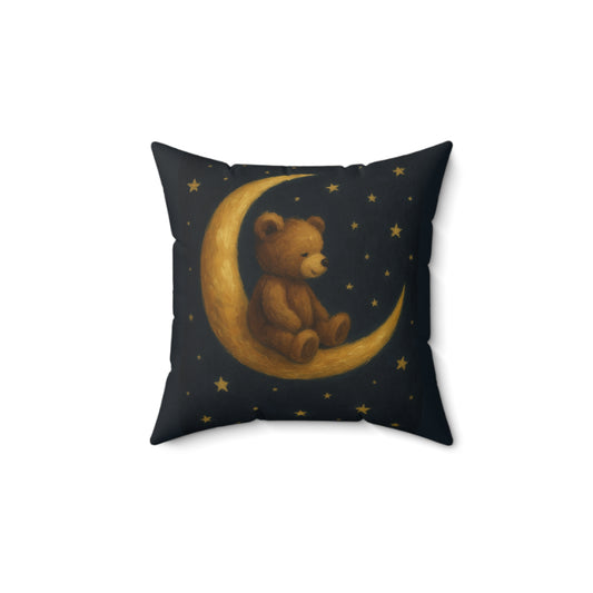 To the Moon-Teddy on Moon Faux Suede Pillow — Nursery Night Sky Decorative Throw Pillow