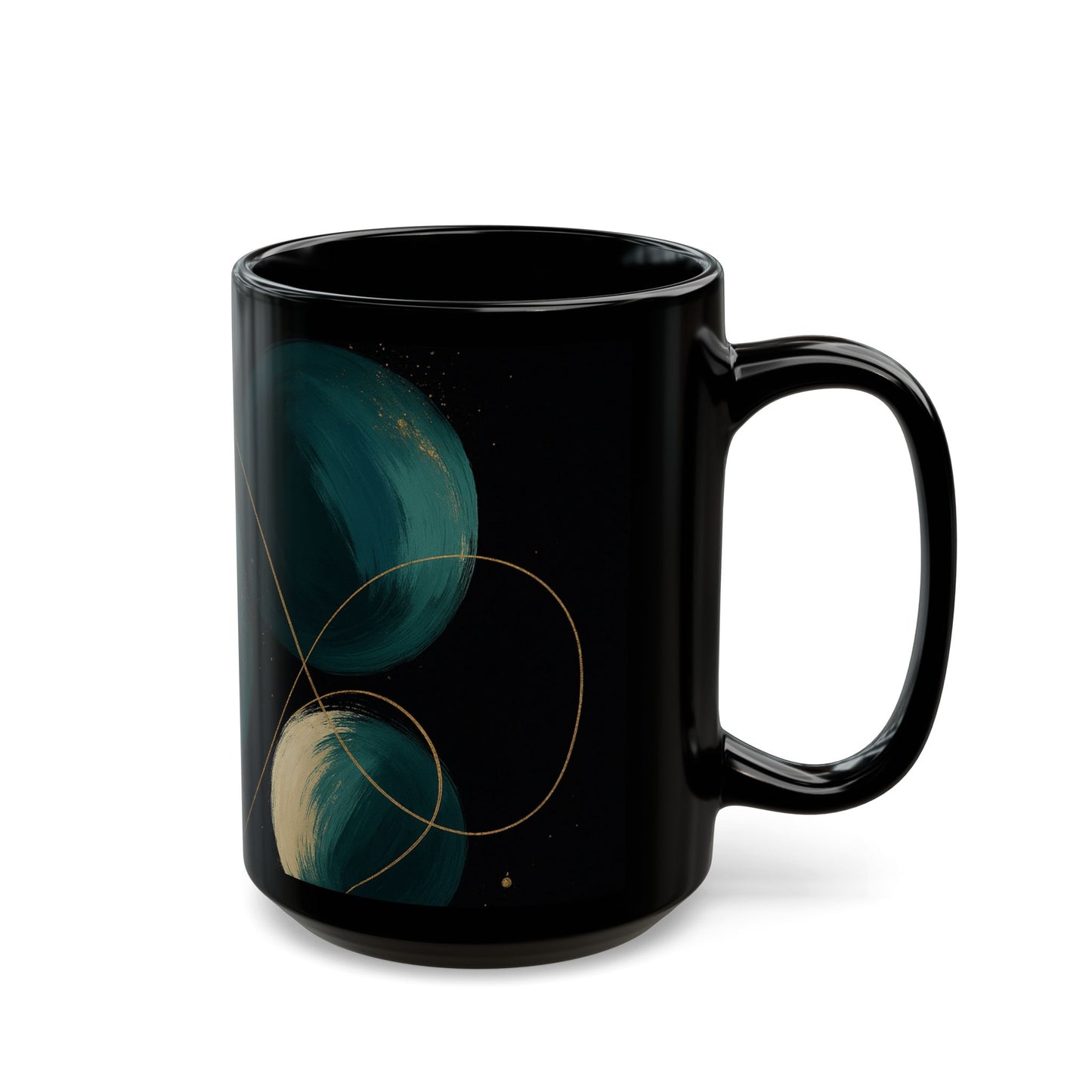 Abstract 2 -Soulful Collection-Teal Orbs Black Ceramic Mug — Modern Minimal Coffee Cup