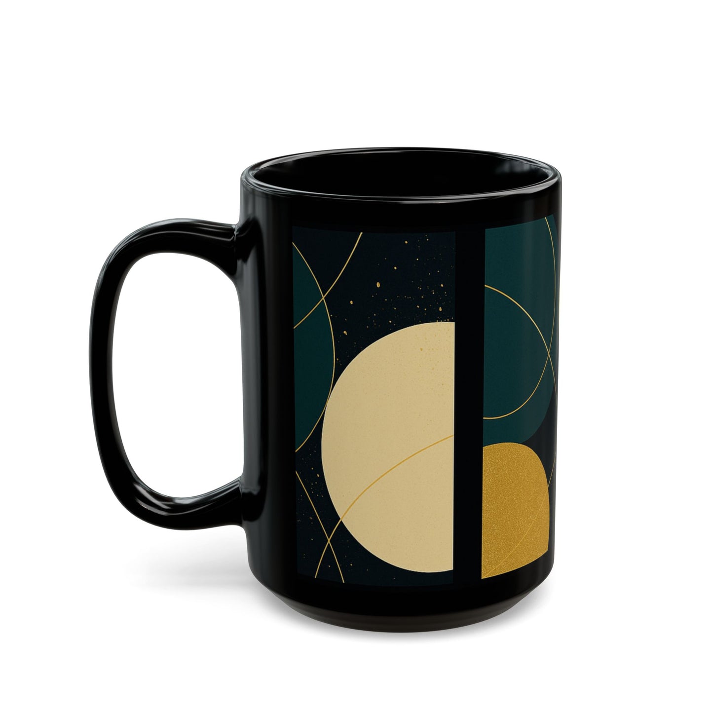 Modern Geometric Black Coffee Mug-Soulful Collection — Abstract Teal & Gold Minimalist Design (11oz/15oz)