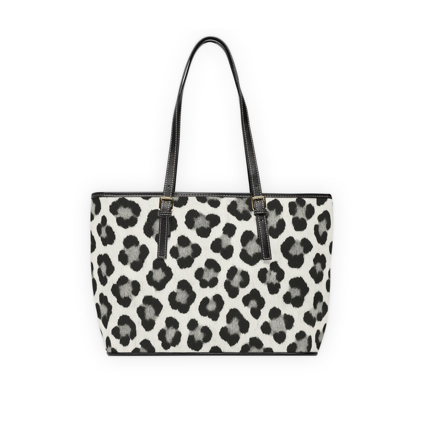 Snow Leopard Print PU Leather Shoulder Bag — Black & White Animal Print Tote