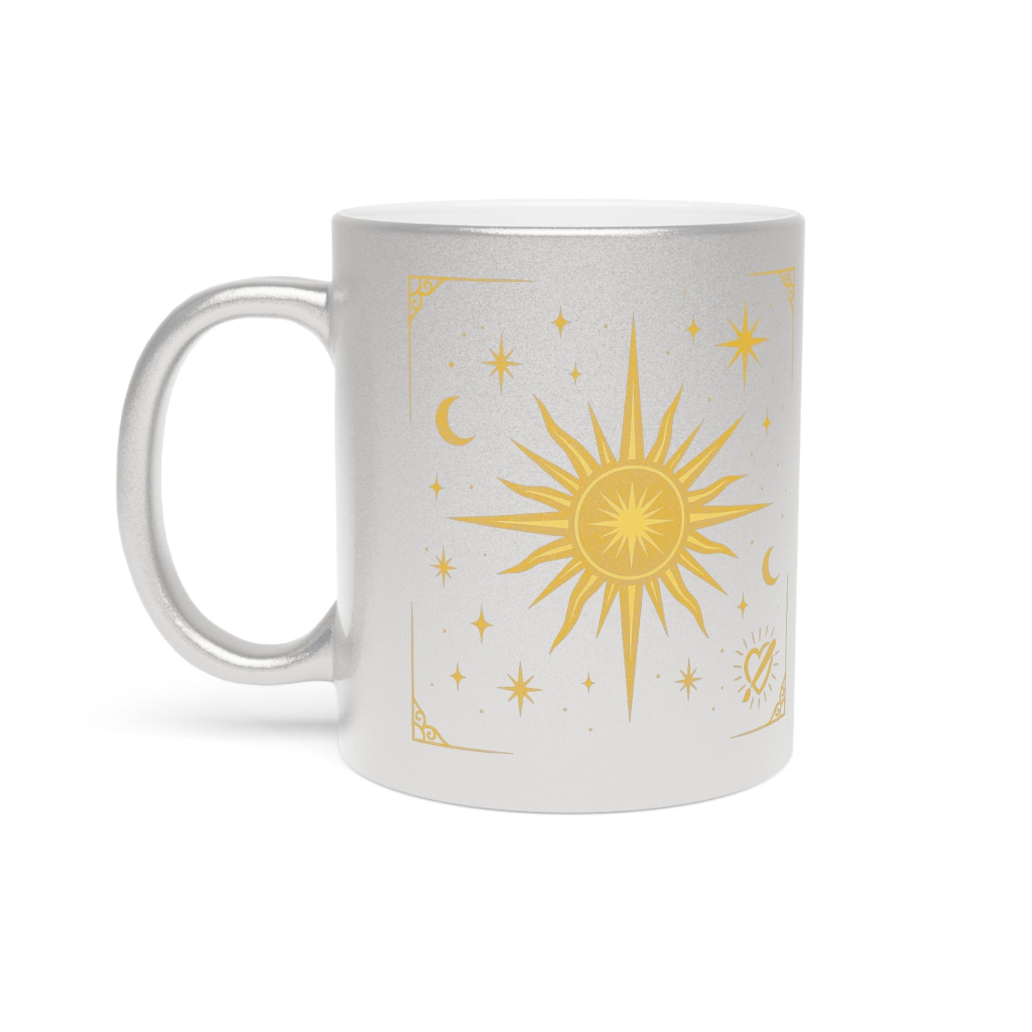 Gold Celestial Sun Metallic Mug — Silver/Gold Cosmic Coffee Cup