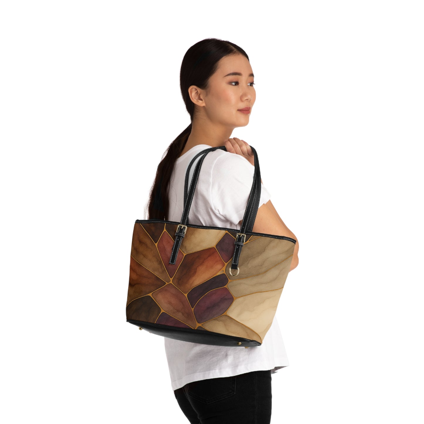 Autumn-2025 Artisan Luxe Collection- PU Leather Shoulder Bag — Warm Brown Stained-Glass Tote