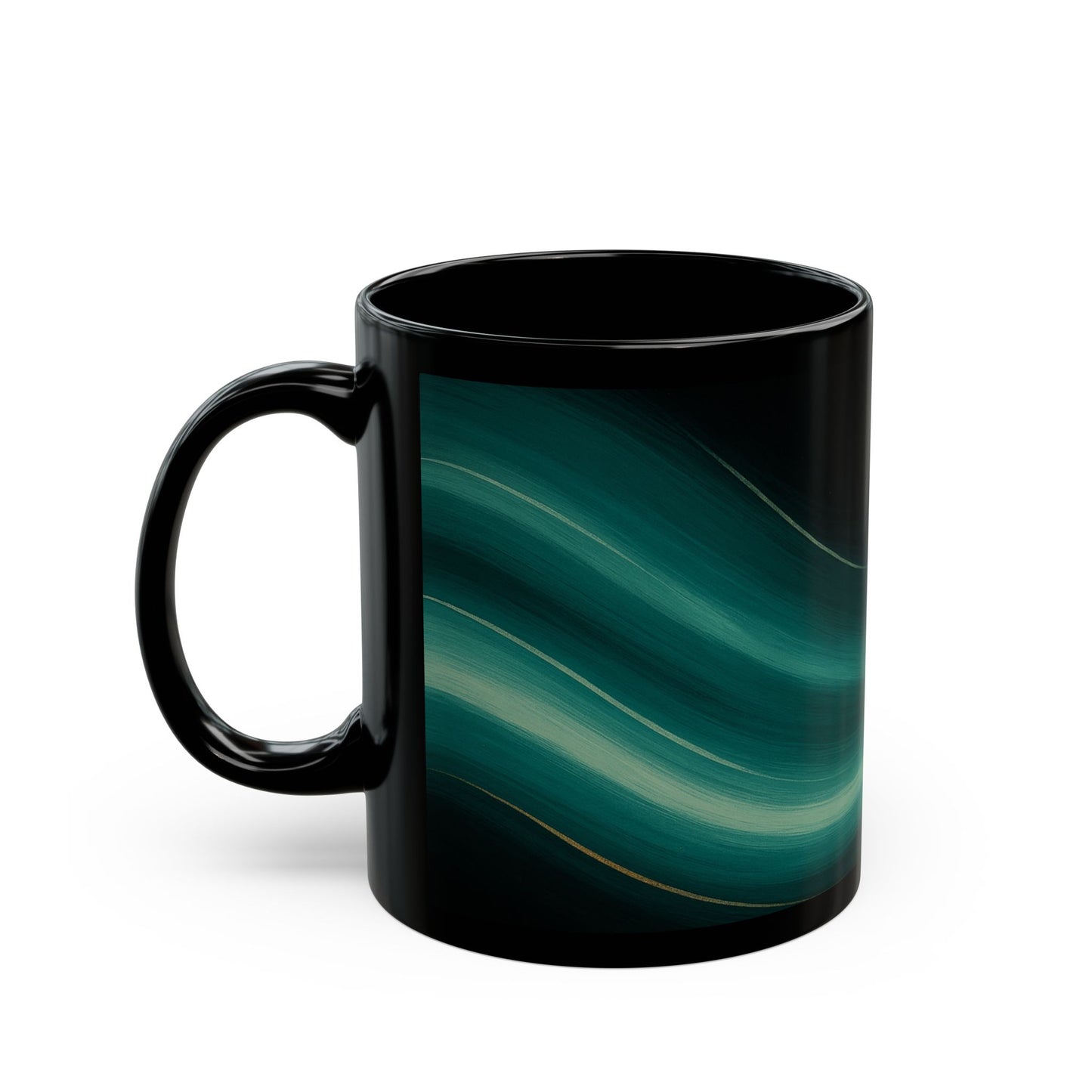 Emerald Wave 3-Soulful Collection-Black Coffee Mug — 11oz/15oz Abstract Teal Swirl Ceramic