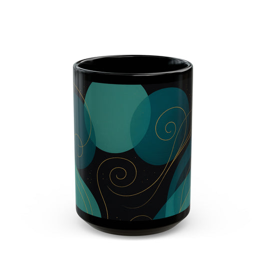 Emerald Wave3-Soulful Collection- Black Coffee Mug — 11oz/15oz Abstract Teal Swirl Ceramic