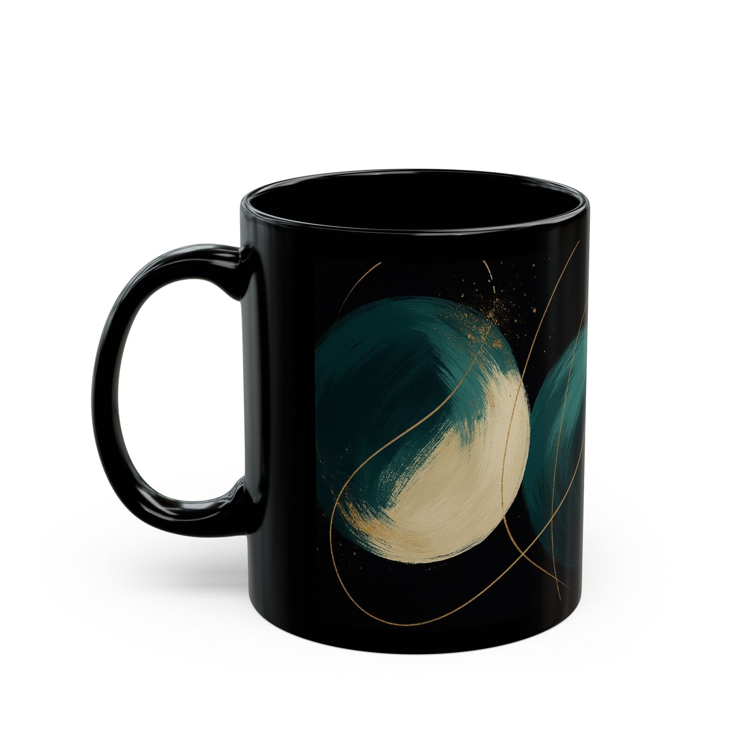 Abstract 2 -Soulful Collection-Teal Orbs Black Ceramic Mug — Modern Minimal Coffee Cup