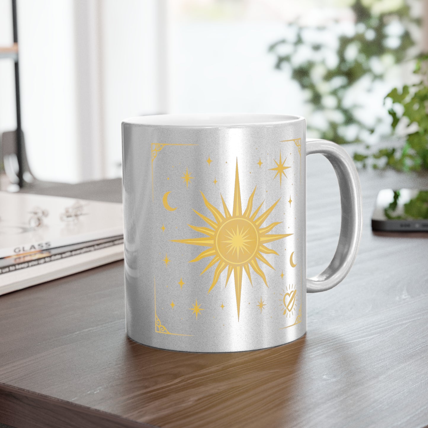 Gold Celestial Sun Metallic Mug — Silver/Gold Cosmic Coffee Cup