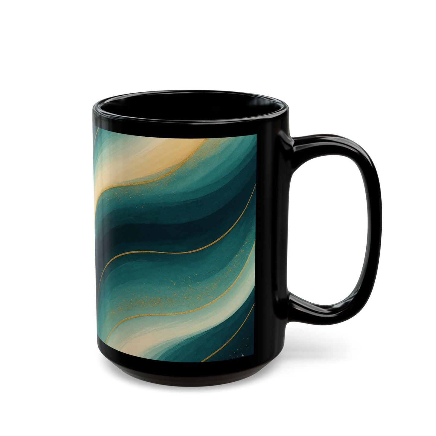 Teal & Gold Abstract Swirl Black Coffee Mug- Soulful Collection (11oz, 15oz)