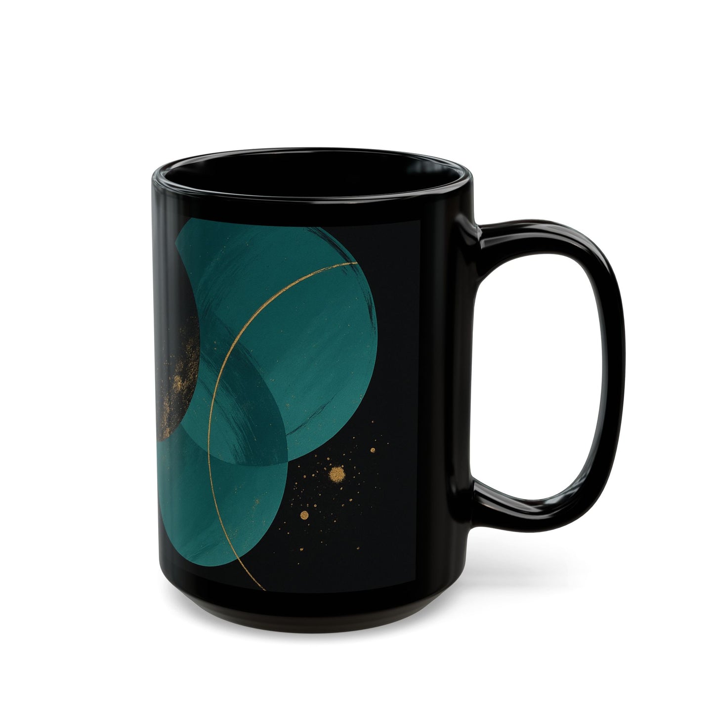 Abstract 1 -Soulful Collection-Teal & Gold Orb Black Coffee Mug — Modern Geometric Ceramic Cup (11oz/15oz)