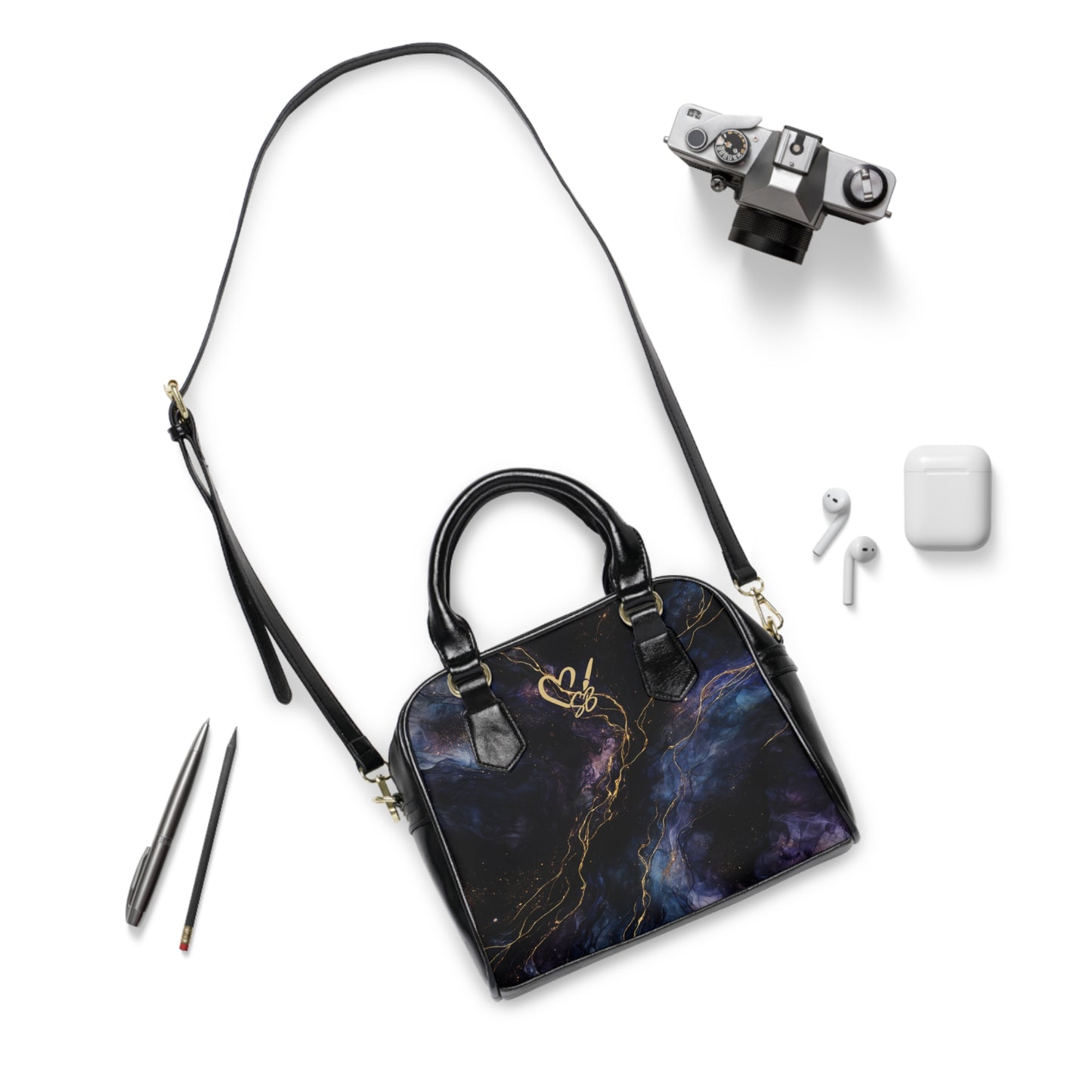 Onyx-2025 Artisan Luxe Collection- Shoulder Handbag — Black & Gold Swirl Tote with Heart Monogram