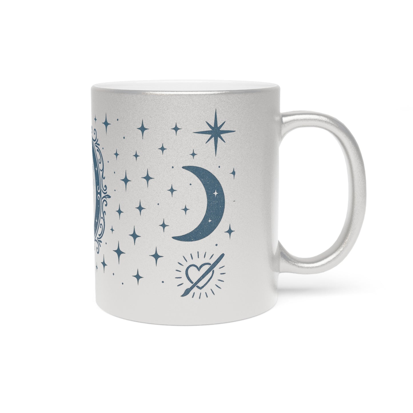 Moon Phase Metallic Mug — Silver/Gold Celestial Coffee Cup with Stars & Crescent