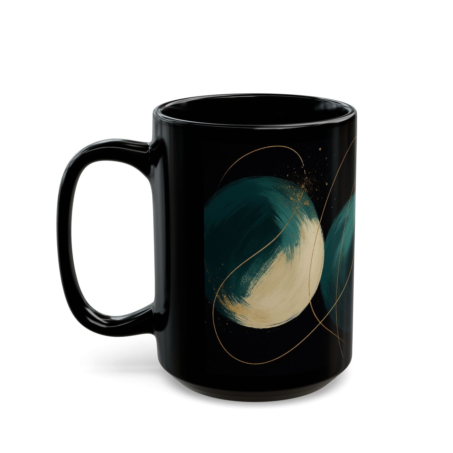 Abstract 2 -Soulful Collection-Teal Orbs Black Ceramic Mug — Modern Minimal Coffee Cup