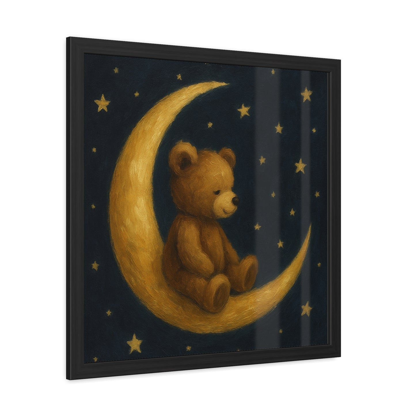 To the Moon and Back – Teddy on Crescent Moon Nursery Framed Poster | Celestial Dreams Wall Art