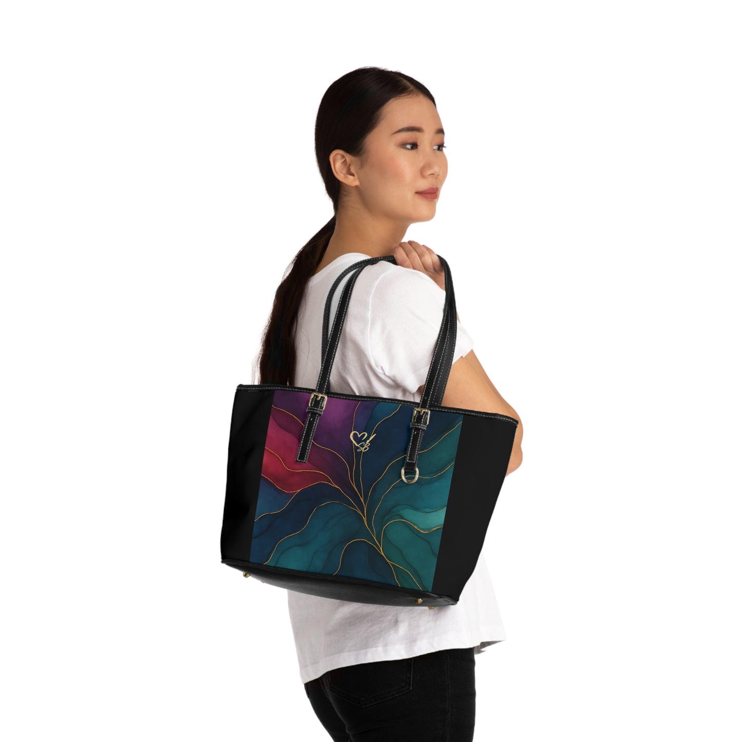 Tyler-2025 Artisan Luxe Collection-panel PU Shoulder Bag — Teal & Burgundy Tote with Gold Vein Accent