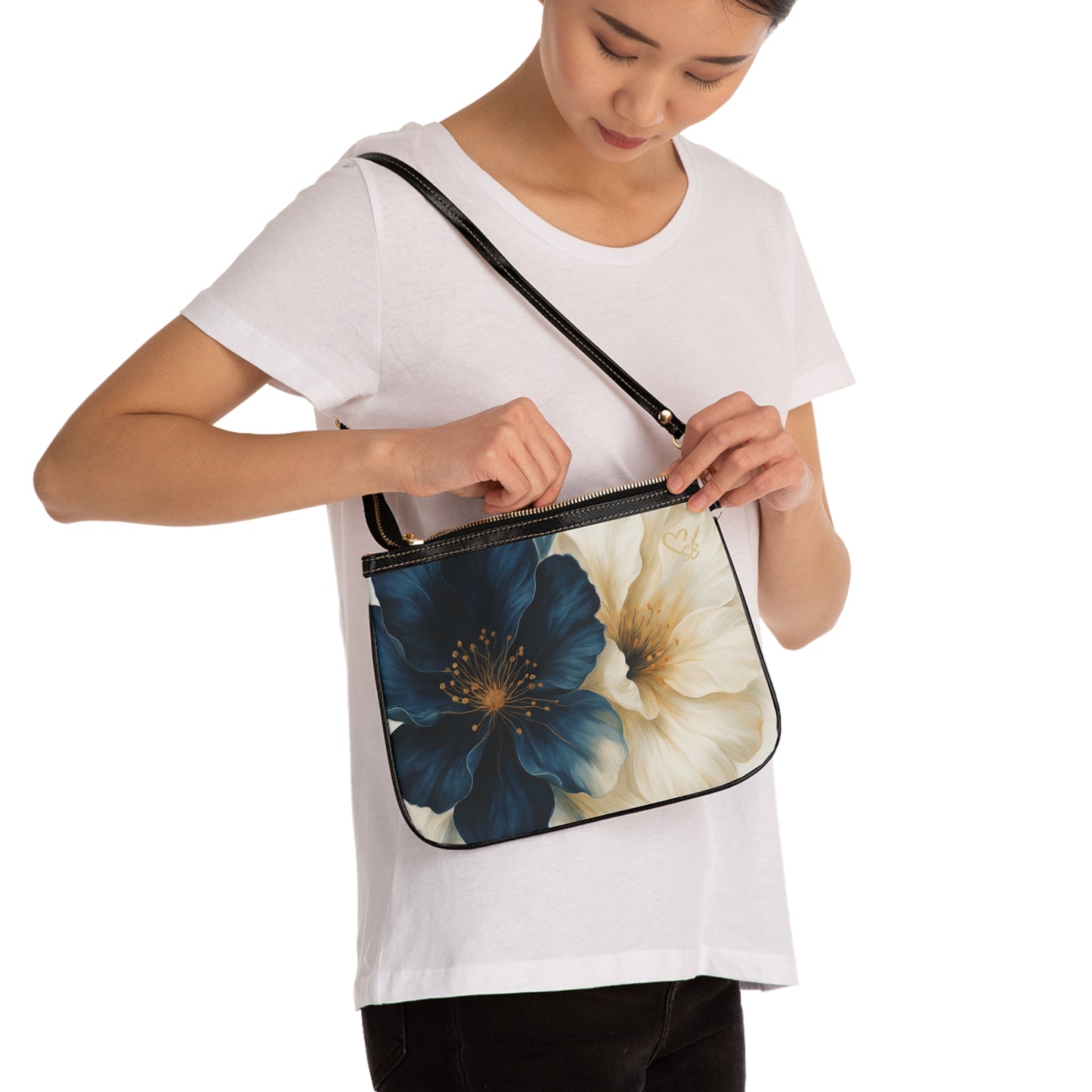 Sella- 2025 Artisian Luxe Collection-Floral Petite Shoulder Bag — Navy & Cream Blossom Crossbody