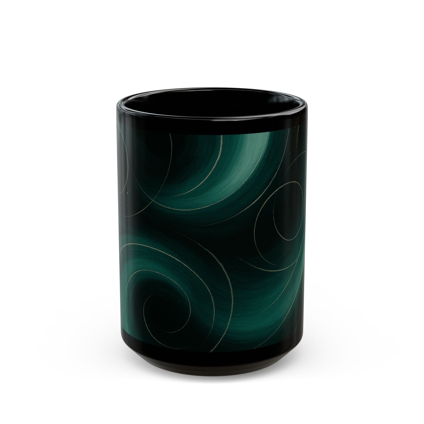 Emerald Wave 2-Soulful Collection- Black Coffee Mug — 11oz/15oz Abstract Teal Swirl Ceramic