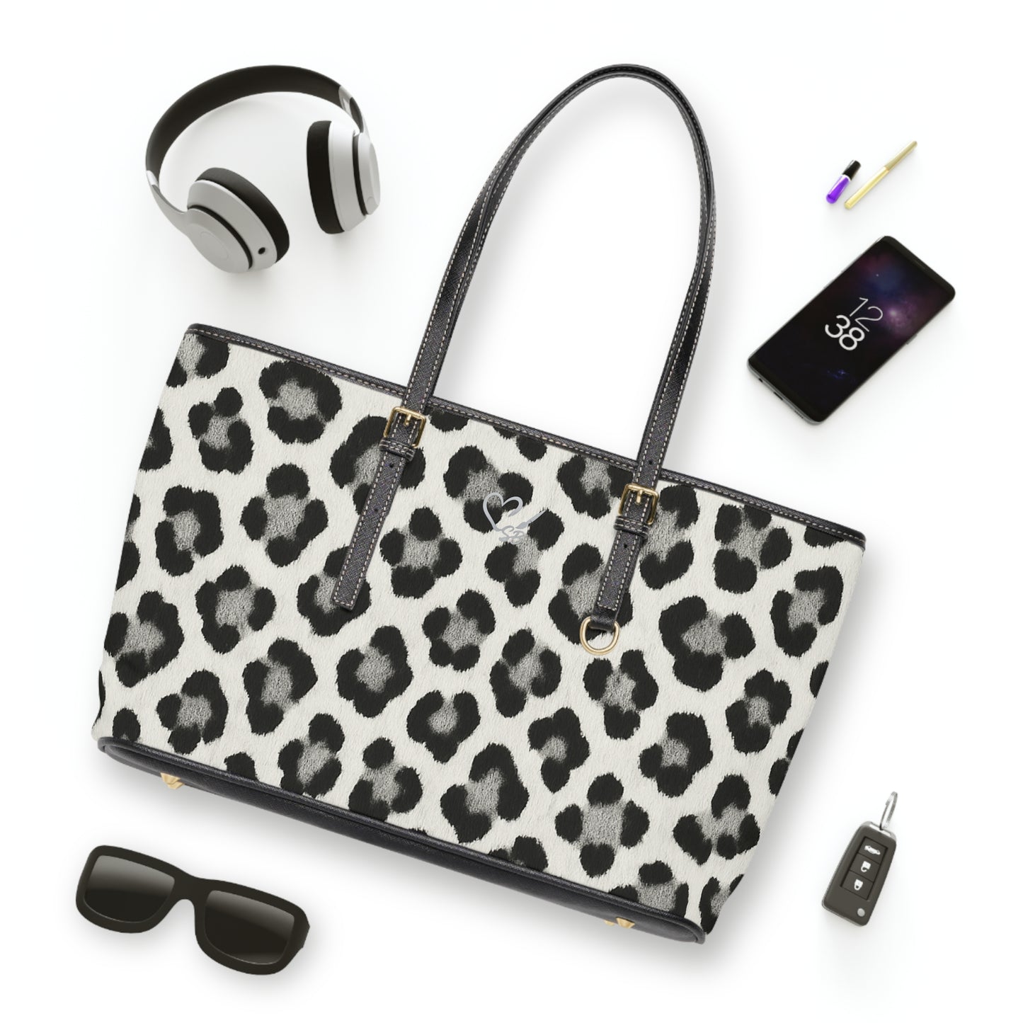 Snow Leopard Print PU Leather Shoulder Bag — Black & White Animal Print Tote