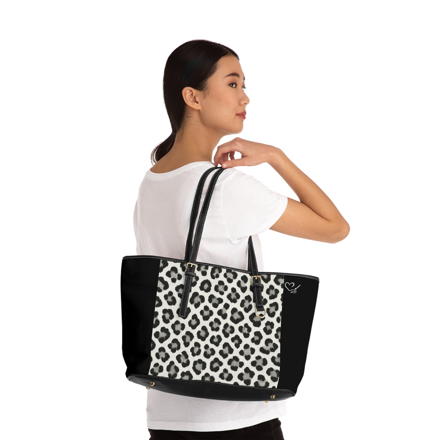 Snow Leopard and Black -PU Leather Shoulder Bag
