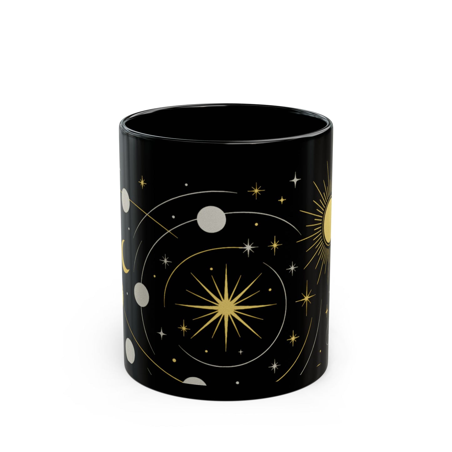 Astrology Sun & Stars Black Mug — Gold Celestial Coffee Cup (11oz/15oz)