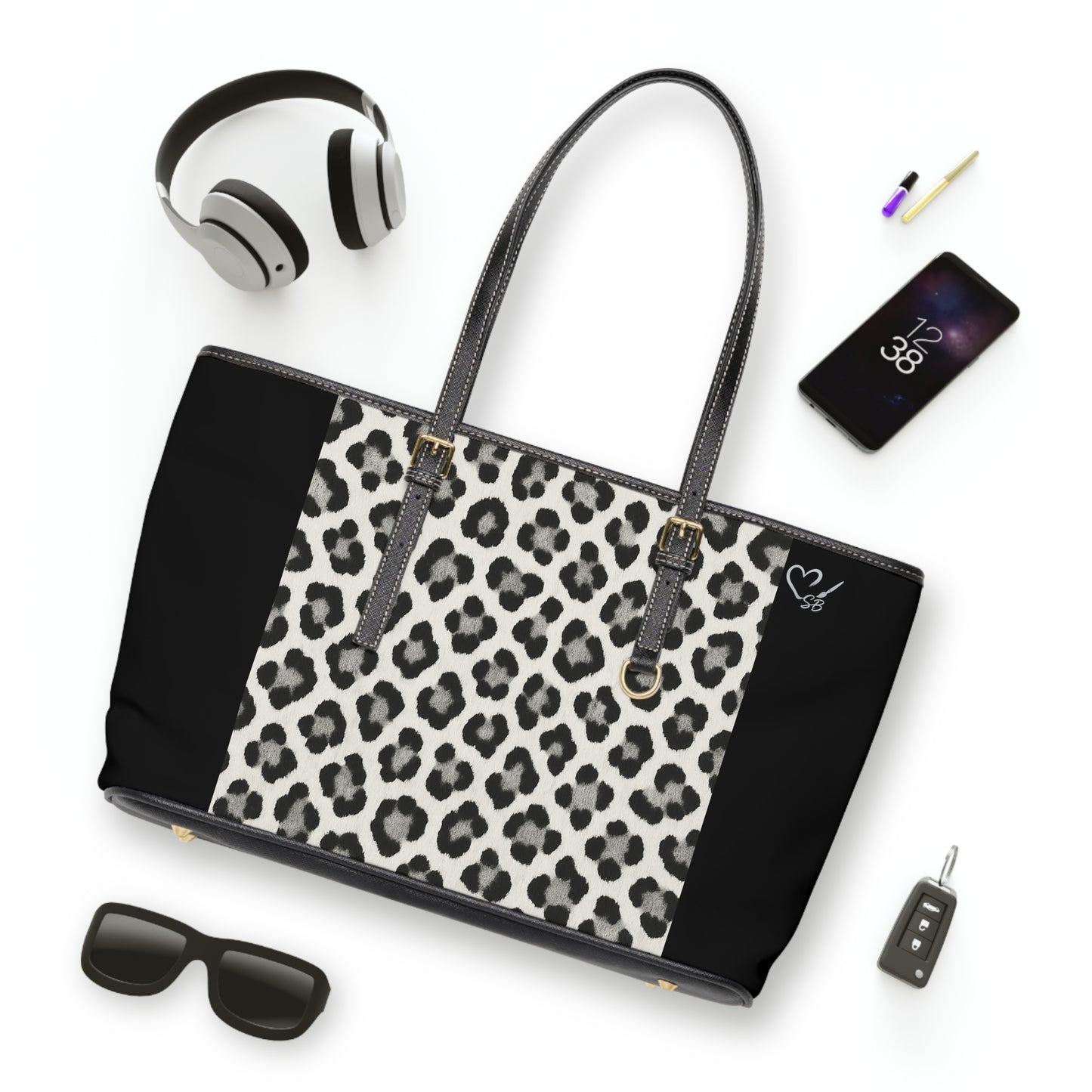Snow Leopard and Black -PU Leather Shoulder Bag