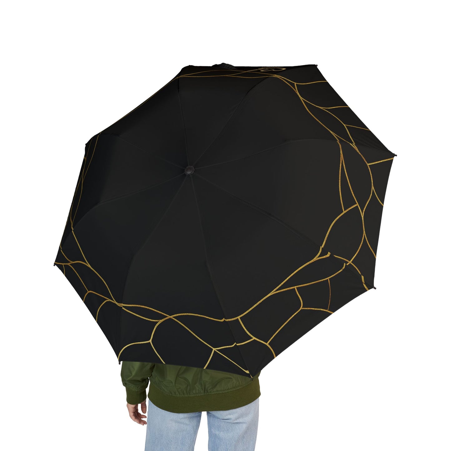 Lola 2- 2025 Artisan Collection-Foldable Black Umbrella with Gold Geometric Lines