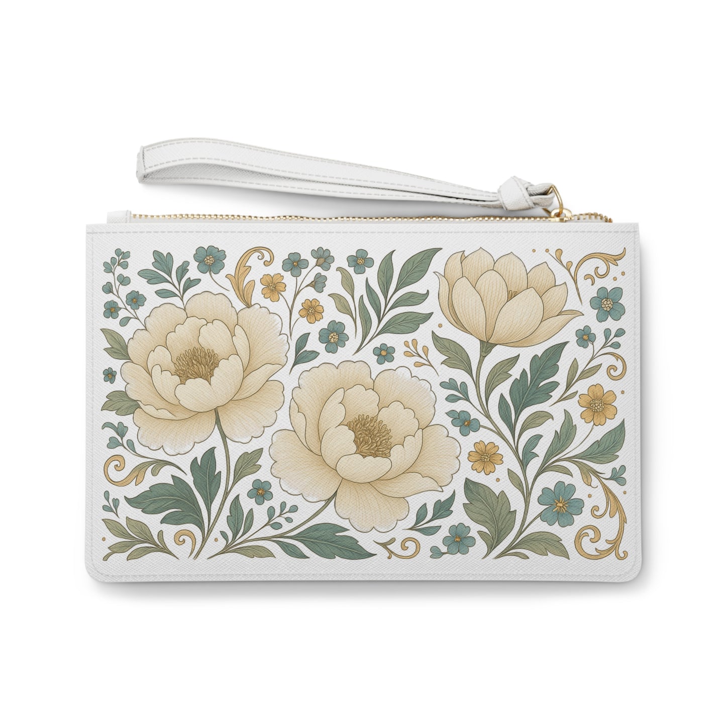 Floral Peony Clutch Bag — Vintage Cream & Sage Wristlet