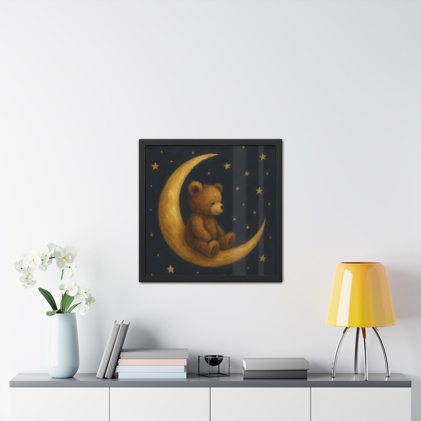 To the Moon and Back – Teddy on Crescent Moon Nursery Framed Poster | Celestial Dreams Wall Art