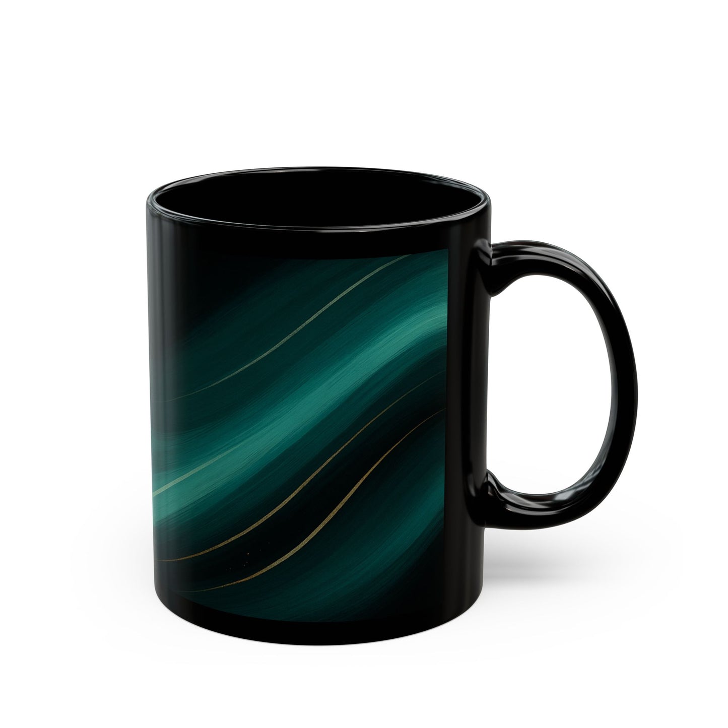 Emerald Wave 3-Soulful Collection-Black Coffee Mug — 11oz/15oz Abstract Teal Swirl Ceramic