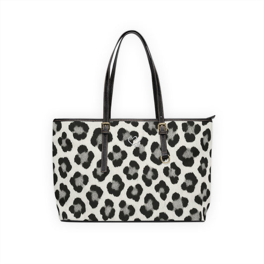 Snow Leopard Print PU Leather Shoulder Bag — Black & White Animal Print Tote