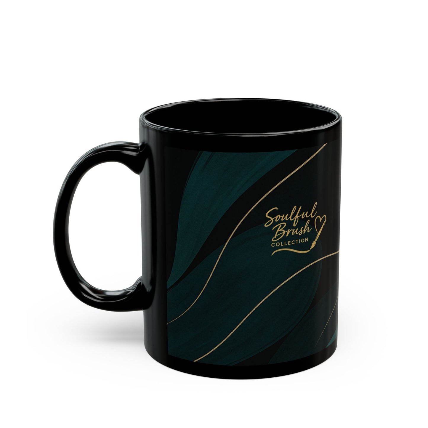 Abstract Teal Wave Black Mug -Soulful Collection— Modern Swirl Coffee Cup (11oz/15oz)