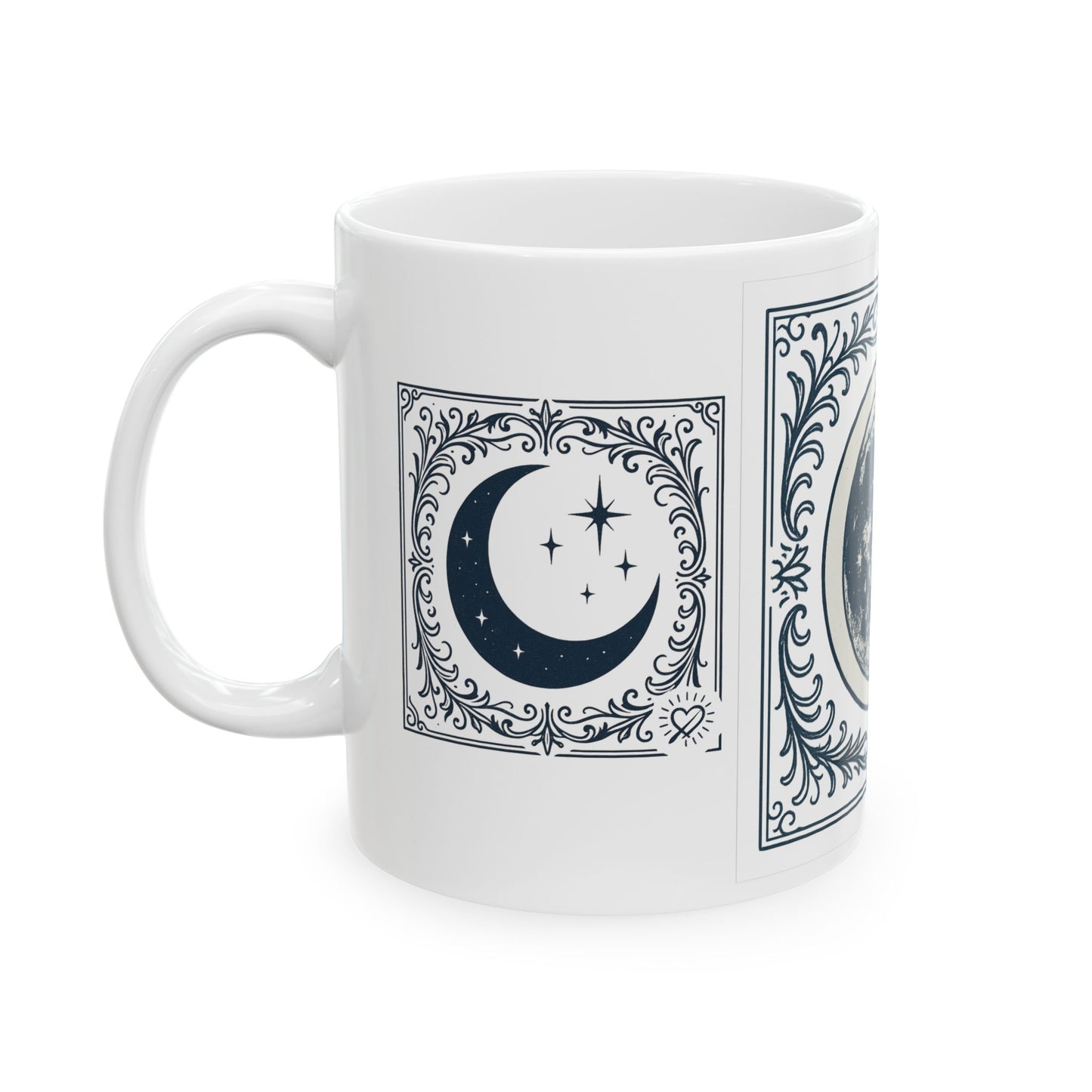 Moon Phase White Ceramic Mug — Vintage Lunar Art Coffee Cup (11oz, 15oz)