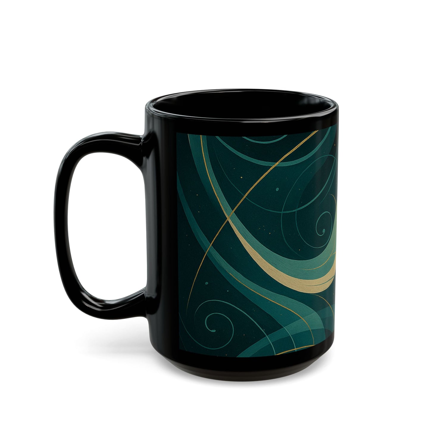 Emerald Wave-Soulful Collection- Black Coffee Mug — 11oz/15oz Abstract Teal Swirl Ceramic