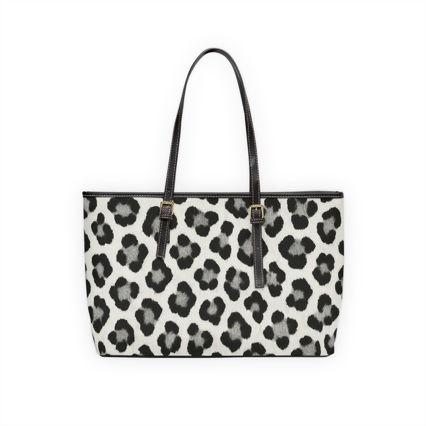 Snow Leopard Print PU Leather Shoulder Bag — Black & White Animal Print Tote