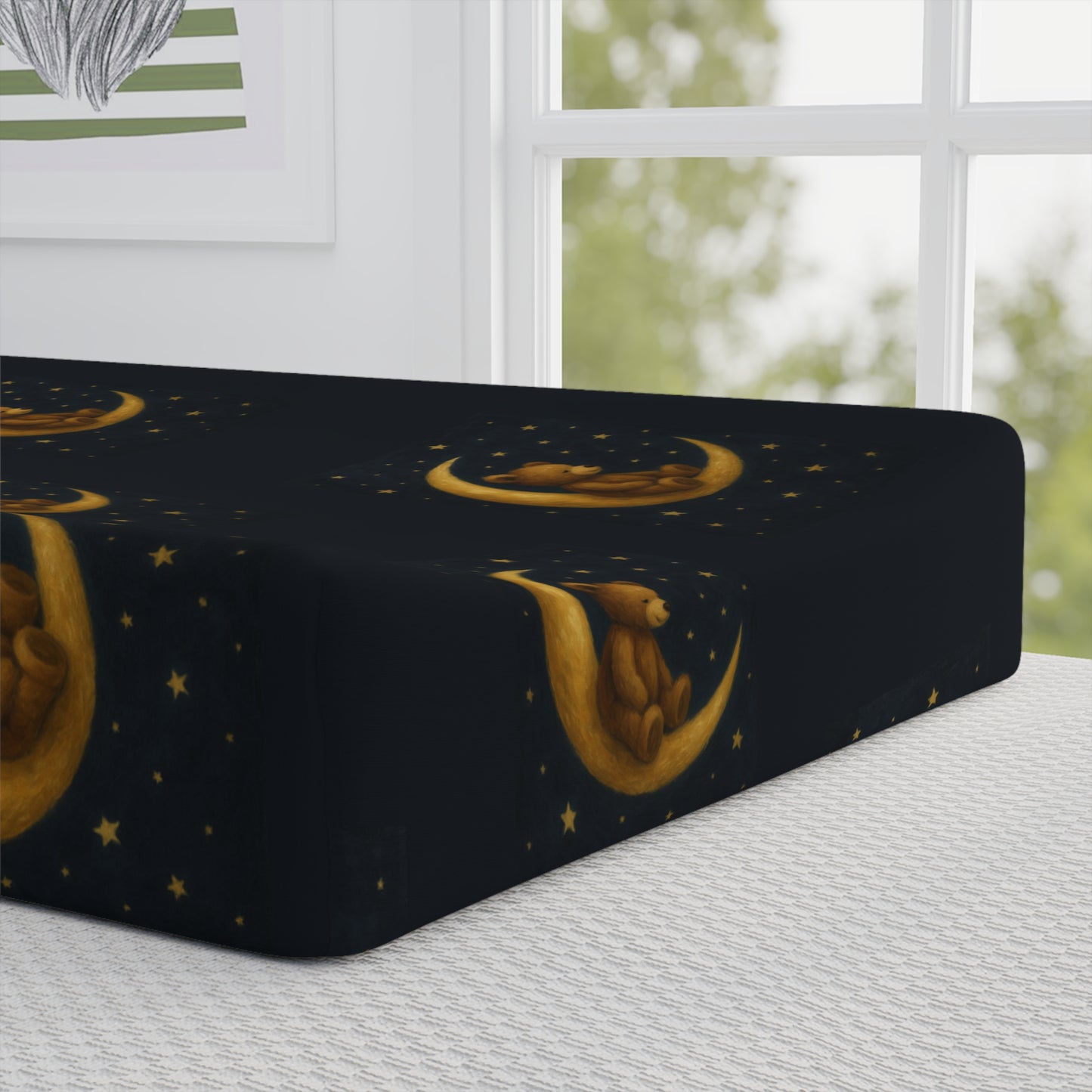 To the Moon 3 – Baby Changing Pad Cover | Celestial Dreams – Gold Crescent Moon Nursery Print