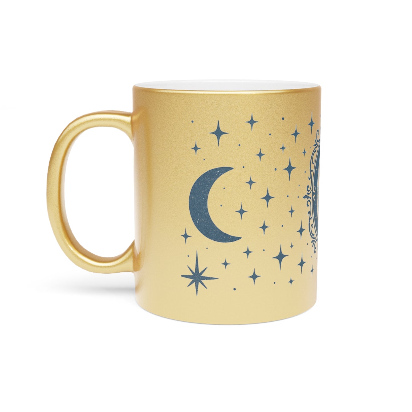 Moon Phase Metallic Mug — Silver/Gold Celestial Coffee Cup with Stars & Crescent