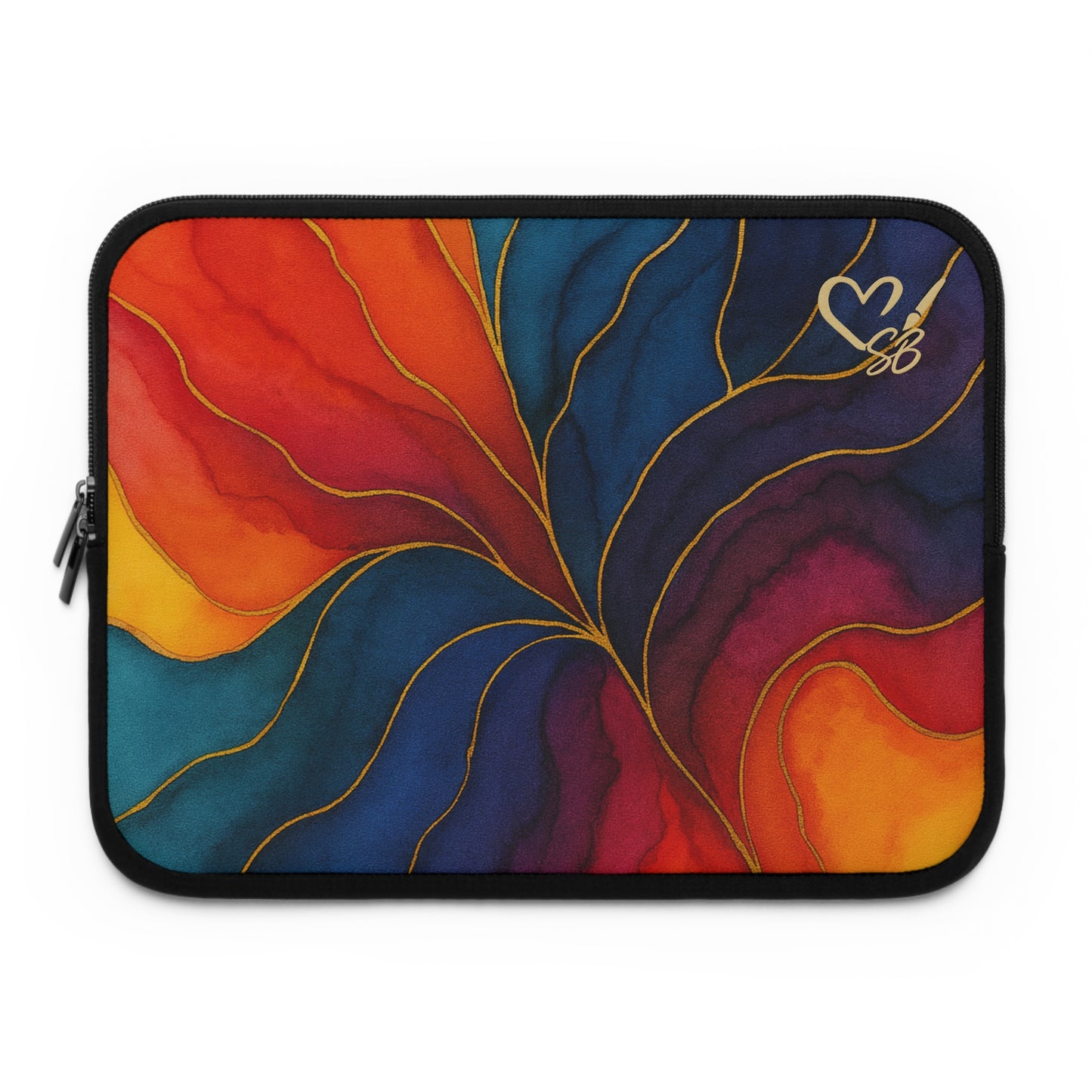Abstract Sunset Swirl Laptop Sleeve — Colorful Watercolor Design with Gold Line Accent