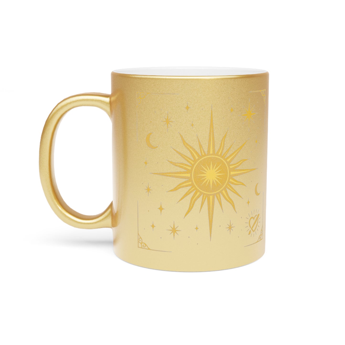 Gold Celestial Sun Metallic Mug — Silver/Gold Cosmic Coffee Cup