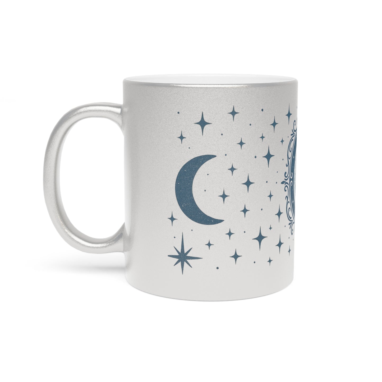 Moon Phase Metallic Mug — Silver/Gold Celestial Coffee Cup with Stars & Crescent