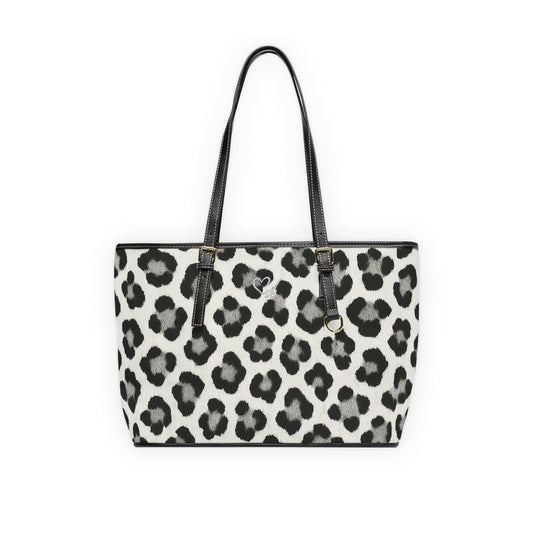 Snow Leopard Print PU Leather Shoulder Bag — Black & White Animal Print Tote