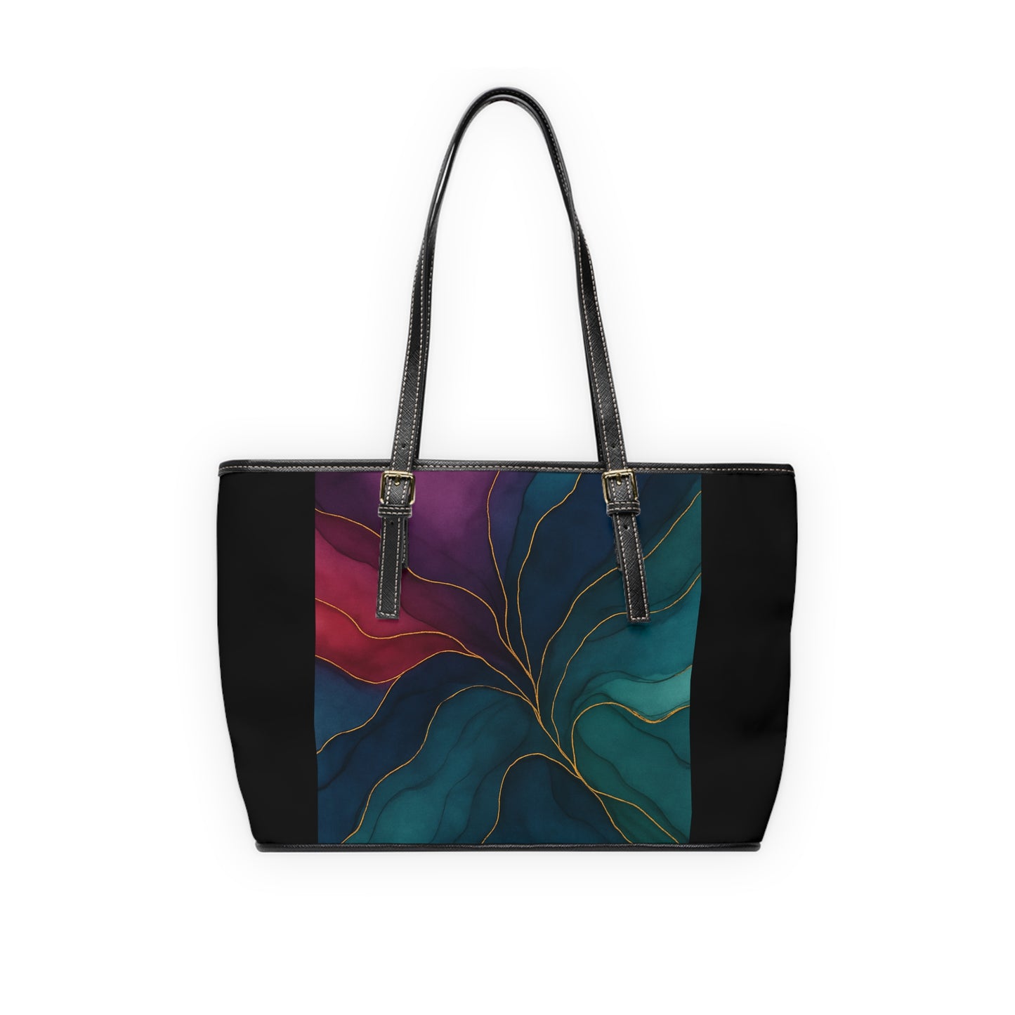 Tyler-2025 Artisan Luxe Collection-panel PU Shoulder Bag — Teal & Burgundy Tote with Gold Vein Accent