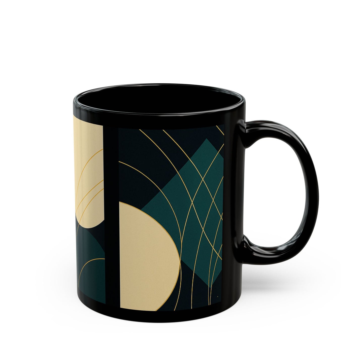 Modern Geometric Black Coffee Mug-Soulful Collection — Abstract Teal & Gold Minimalist Design (11oz/15oz)
