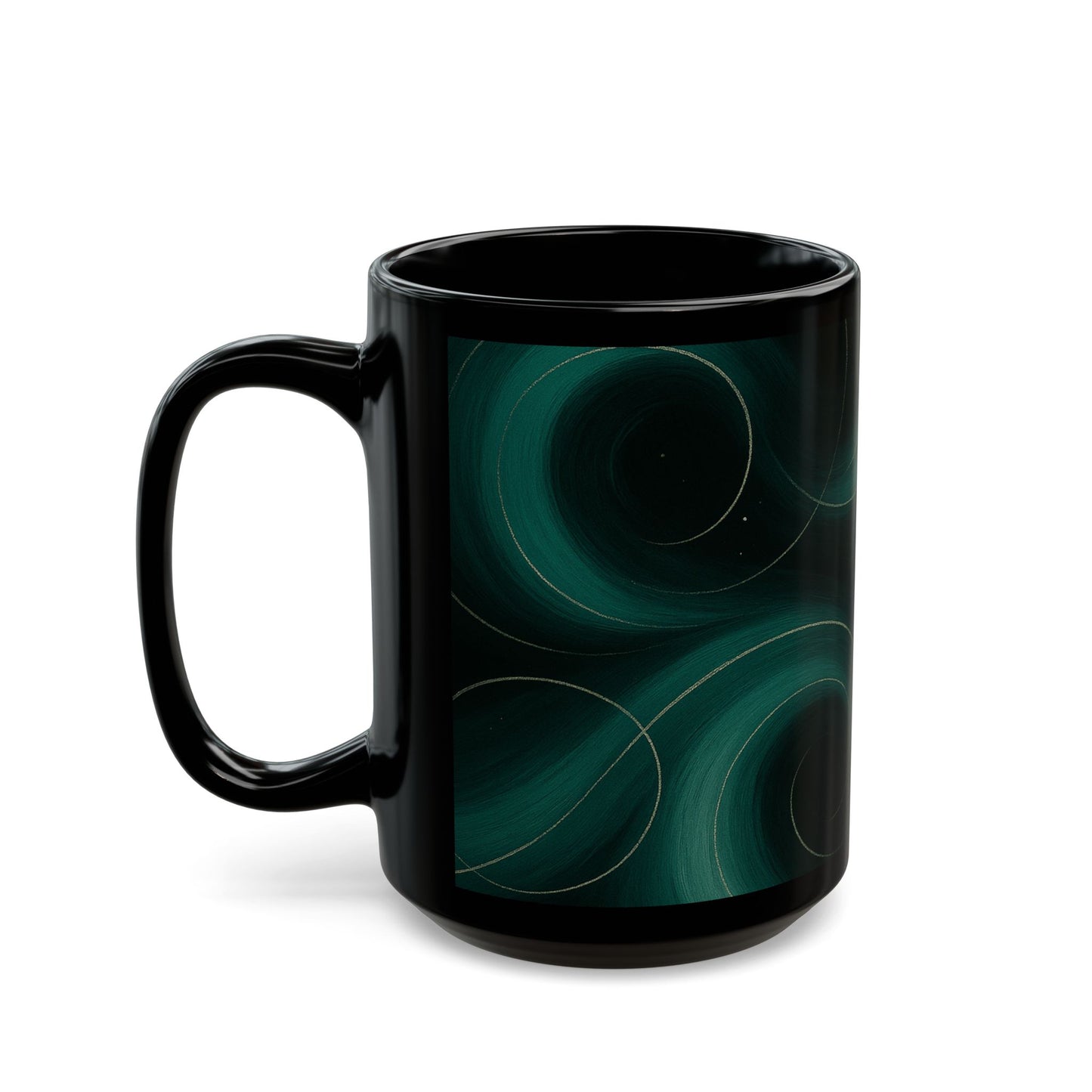 Emerald Wave 2-Soulful Collection- Black Coffee Mug — 11oz/15oz Abstract Teal Swirl Ceramic
