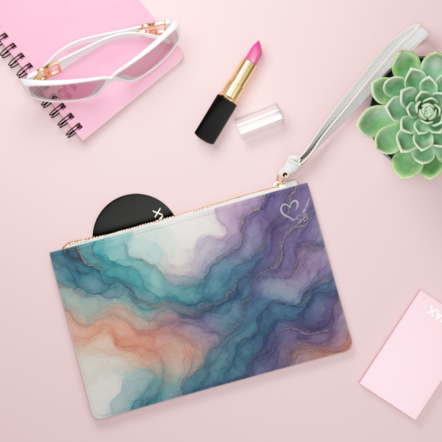 Millie -Abstract Watercolor Clutch Bag — Teal, Purple & Coral Marble Wristlet