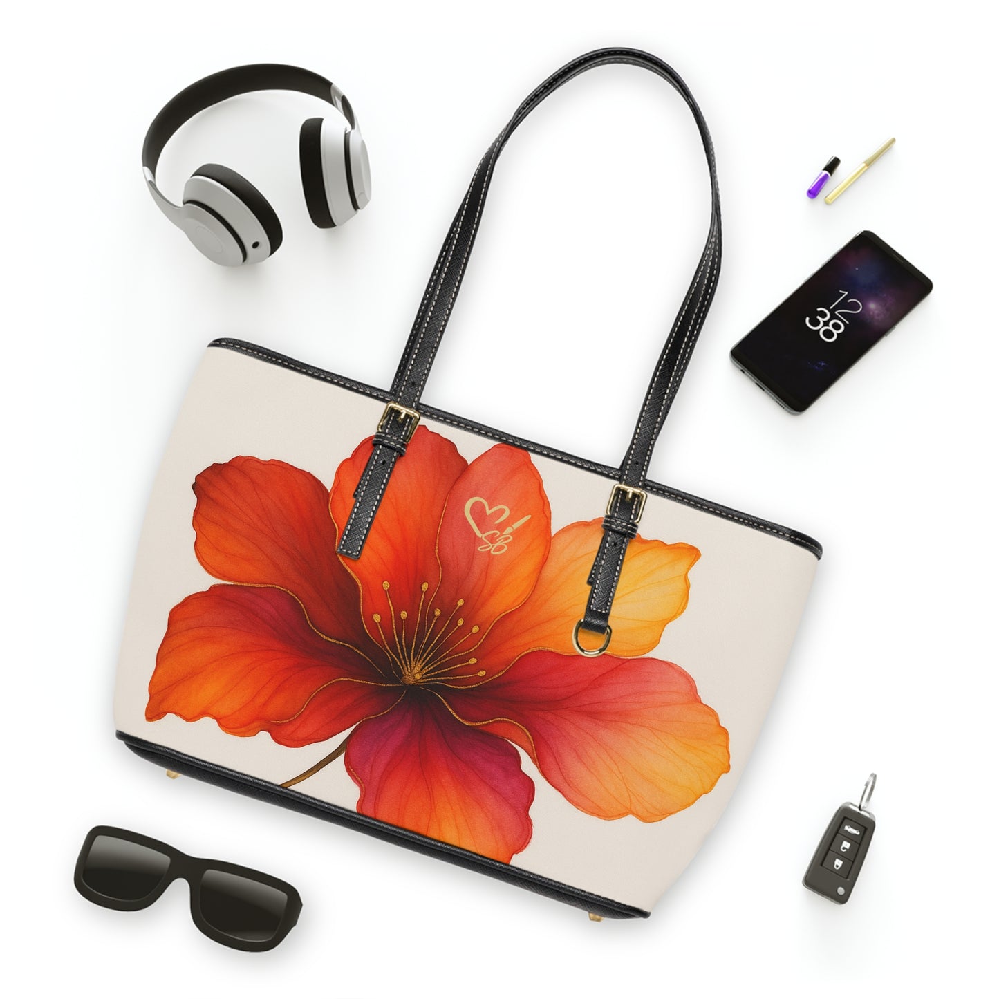 Bella Floral -2025 Artisian Collection — Red Orange Hibiscus PU Leather Shoulder Bag