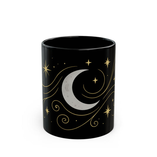 Astrology Sun & Stars Black Mug — Gold Celestial Coffee Cup (11oz/15oz)